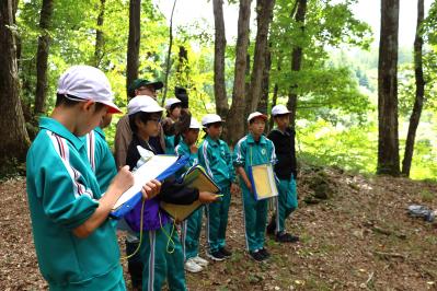柏木城跡の歴史を学ぶ児童たち